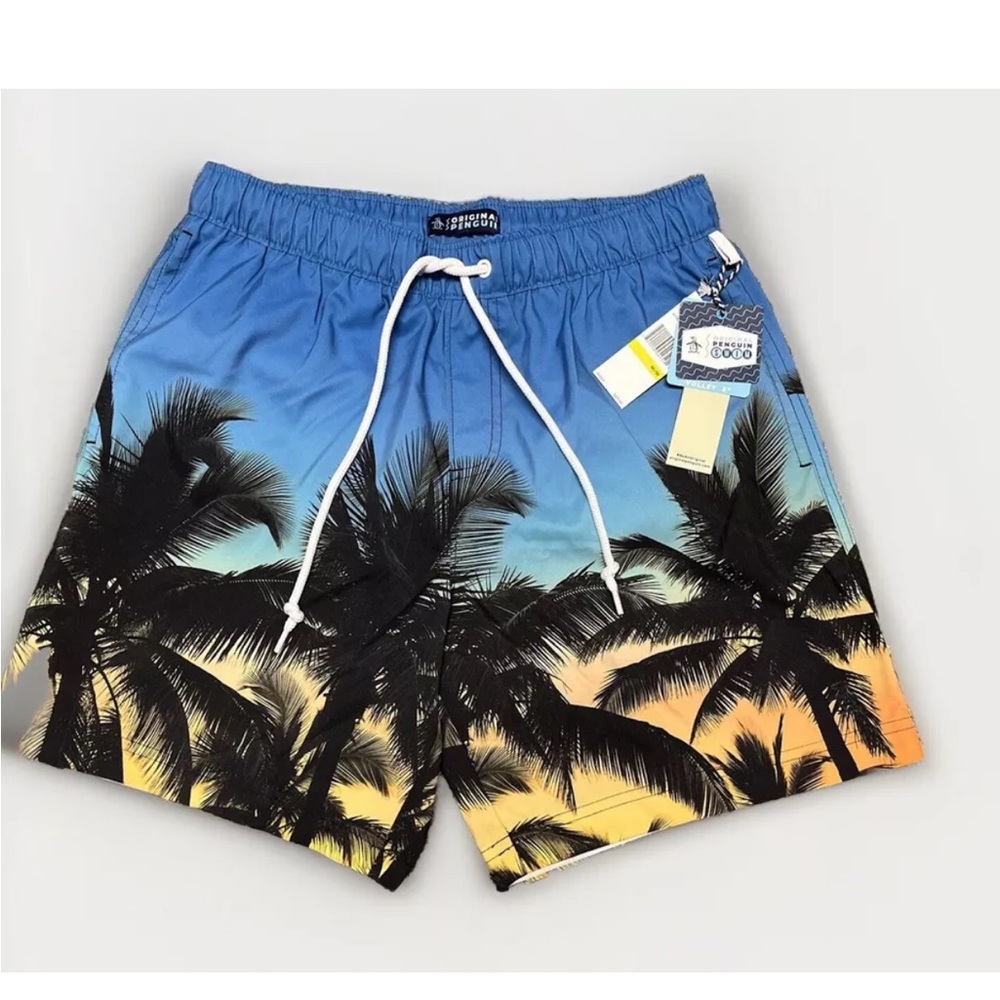 NWT ORIGINAL PENGUIN Men's Tropical Photo-Print Volley Swim Trunks Size Medium